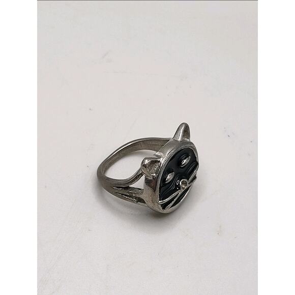 Vintage Cat Face Ring Silver Tone Black Enamel US Size 5.5 - Picture 3 of 8